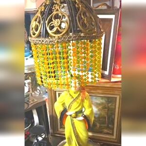 Antique Asian Chalkware Lamp, Brass Shade 1930's